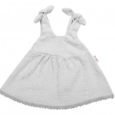 Letné mušelínové šaty Baby Nellys "Summer Stars" - Sivé