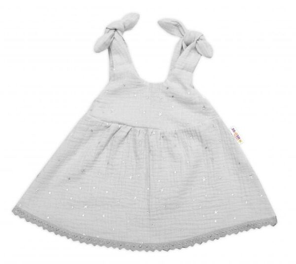 Letné mušelínové šaty Baby Nellys "Summer Stars" - Sivé
