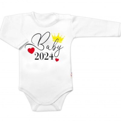 Dojčenské body Baby Nellys s nápisom "Baby 2024" - Biele, dlhý rukáv