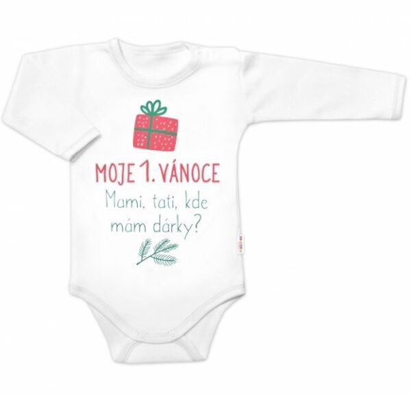 Vianočné body Baby Nellys "Moje 1. Vianoce" - Biele, dlhý rukáv