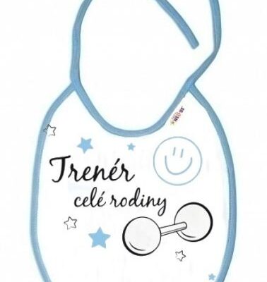 Nepremokavý podbradník Baby Nellys "Tréner celej rodiny" - Biely / Modrý lem