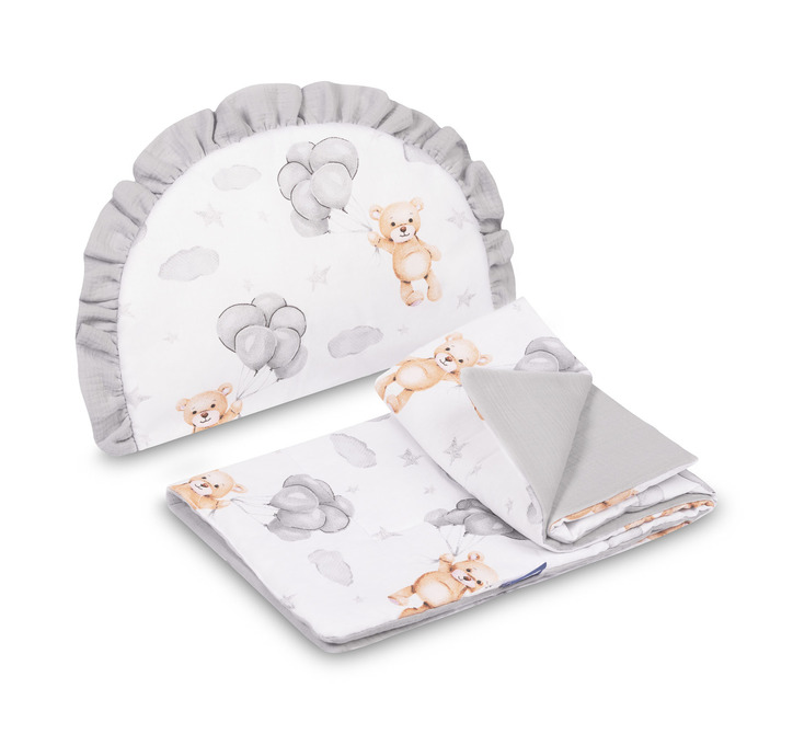 2D sada do kočíka, postieľky, kolísky, mušelín, bavlna, Medvedík, šedá, biela