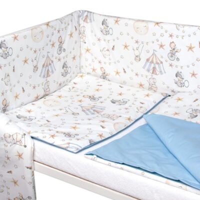 3-dielna sada Mantinel s obliečkami Baby Nellys Cirkus, modrá/biela, 135x100 cm