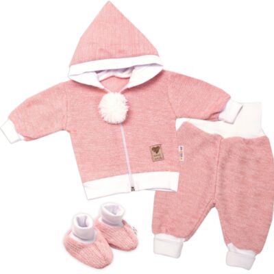 3-dielna súprava Hand made, pletený kabátik, kalhoty a topánky, ružová,veľ. 62