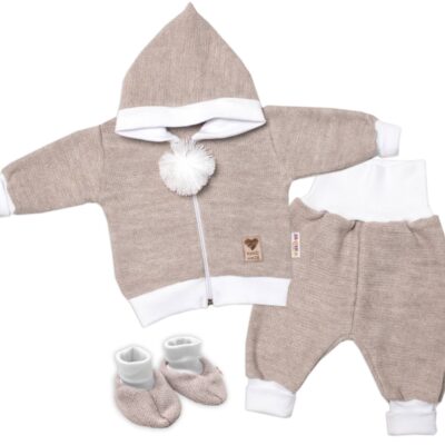 3-dielna súprava Hand made, pletený kabátik, kalhoty a topánočky, béžová