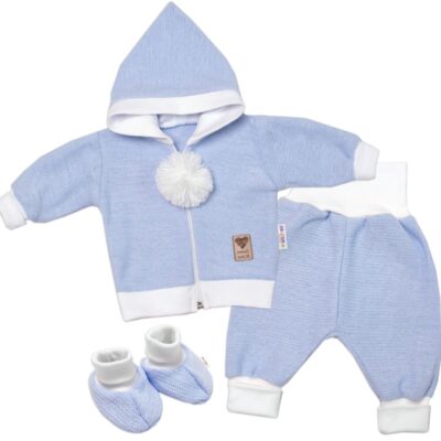 3-dielna súprava Hand made, pletený kabátik, kalhoty a topánočky,modrá, veľ.62