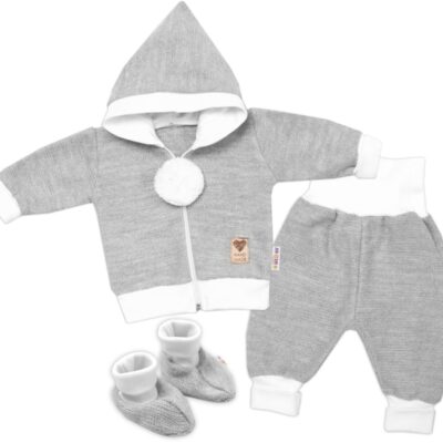 3-dielna súprava Hand made, pletený kabátik, kalhoty a topánočky, sivá, veľ.68