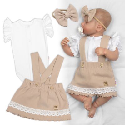 3D súprava LADY, bavlna, body kr. rukáv, suknička s láclom, čelenka, béžová/biela, 62