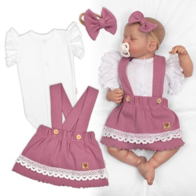 3D súprava LADY, bavlna, body kr. rukáv, suknička s láclom, čelenka, orgovánová/biela, 68