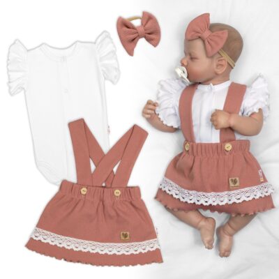 3D súprava LADY, bavlna, body kr. rukáv, suknička s láclom, čelenka, staroružová/biela, 62