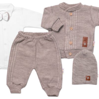5-dielna pletená sada Baby Nellys - Boy, body, nohavice, sveter, čiapočka, motýlik - béžov