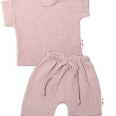 Baby Nellys 2-dielna mušelínová súpravička, tričko + kraťasky BOY, béžová, veľ. 62