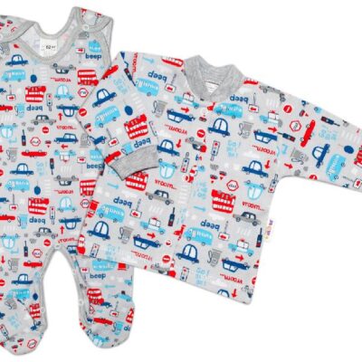 Baby Nellys 2 - dielna sada, bavlnené dupačky s košieľkou Auta, sivá