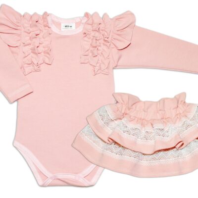 BABY NELLYS 2-dielna sada, body dl.rukáv +suknička s krajkou a volánikmi, veľ. 98, pudrová