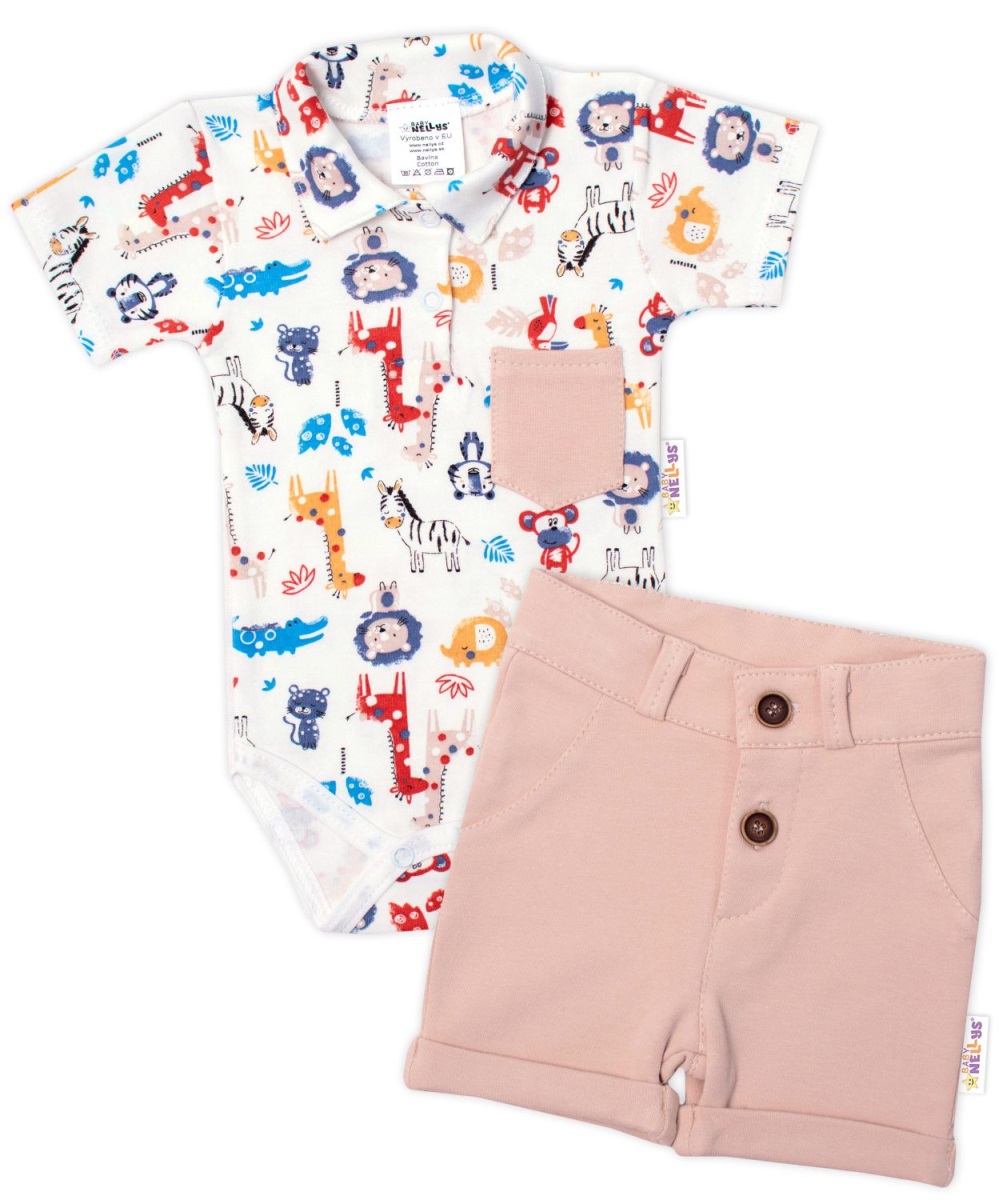Baby Nellys 2-dielna sada body kr. rukáv, kraťasky, Safari - ecru/béžová, veľ. 68