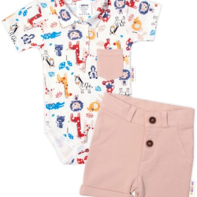 Baby Nellys 2-dielna sada body kr. rukáv, kraťasky, Safari - ecru/béžová, veľ. 80