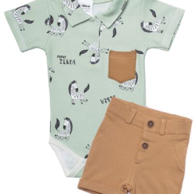 Baby Nellys 2-dielna sada body kr. rukáv, kraťasky, Zebra - mätová, hnedá, veľ. 62