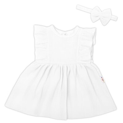 Baby Nellys 2-dielna sada mušelínove šatočky + čelenka, biela, veľ. 86