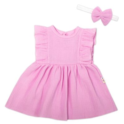 Baby Nellys 2-dielna sada mušelínove šatočky + čelenka, ružové