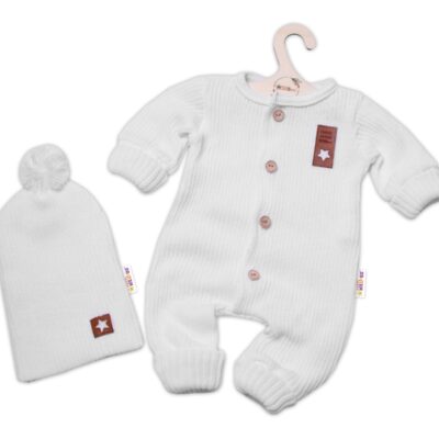 Baby Nellys 2-dielna sada Pletený overálek STAR + čiapky Hand Made, biely, veľ. 80/86