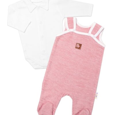 Baby Nellys 2-dielna súpravička Star, body dl. rukáv + pletené dupačky, růžové