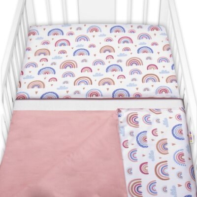 Baby Nellys 2-dielne bavlnené obliečky - Dúha, pastelová s potlačou/púdrová, 135x100 cm