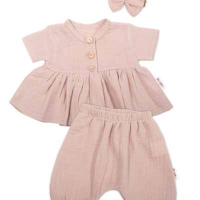 Baby Nellys 3-dielna mušelínová súpr., tunika/blúzka, kraťasky, čelenka, béžová, veľ. 62