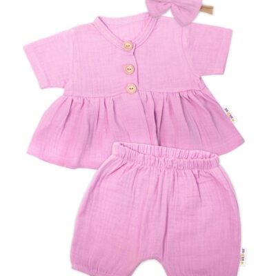 Baby Nellys 3-dielna mušelínová súpr., tunika/blúzka, kraťasky, čelenka, ružová, veľ. 80