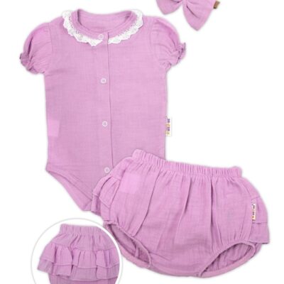 Baby Nellys 3-dielna mušelínová súpravička, body, kraťasky+čelenka GIRL, lila