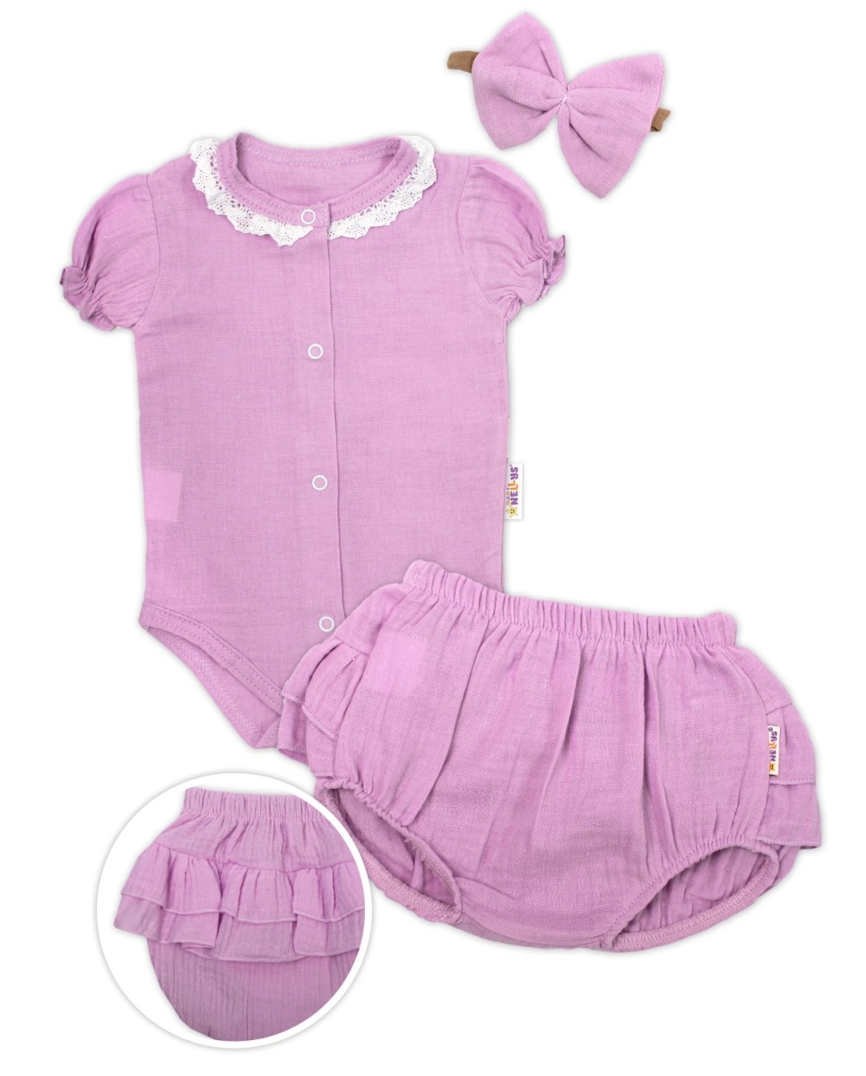 Baby Nellys 3-dielna mušelínová súpravička, body, kraťasky+čelenka GIRL, lila, veľ. 74