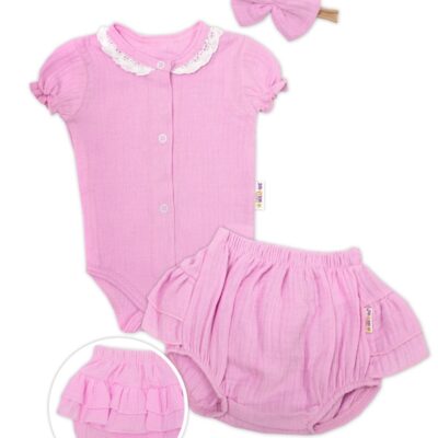 Baby Nellys 3-dielna mušelínová súpravička, body, kraťasky + čelenka GIRL, ružová, veľ. 68