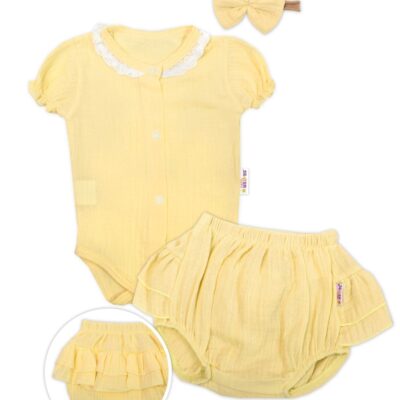 Baby Nellys 3-dielna mušelínová súpravička, body, kraťasky+čelenka GIRL, žltá, veľ. 68
