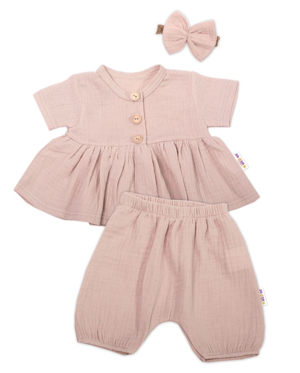 Baby Nellys 3-dielna mušelínová súpravička, tunika/blúzka, kraťasky, čelenka, béžová