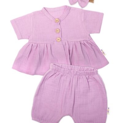 Baby Nellys 3-dielna mušelínová súpravička, tunika/blúzka, kraťasky, čelenka, lila
