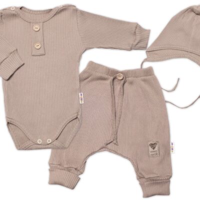 Baby Nellys 3-dielna rebrovaná súpr. Hand Made, body, tepláčiky a čiapočka, béžová, veľ.62