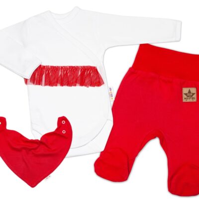 Baby Nellys 3-dielna sada Body dl. rukáv s tutu, šatka, polodupačky, červená, biela