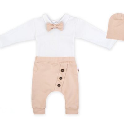 Baby Nellys 3-dielna sada Hubert, body s motýlikom, tepláčiky a čiapočka - béžový, veľ. 86