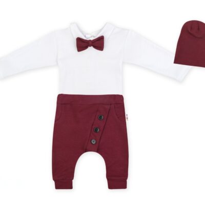 Baby Nellys 3-dielna sada Hubert, body s motýlikom, tepláčiky a čiapočka - bordo, veľ. 80