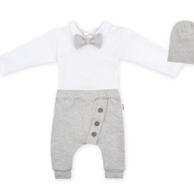 Baby Nellys 3-dielna sada Hubert, body s motýlikom, tepláčiky a čiapočka - sivá, veľ. 98