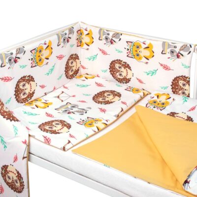 Baby Nellys 3-dielna sada Mantinel s obliečkami-Ježko a Liška, biela s potlačou/horčicová