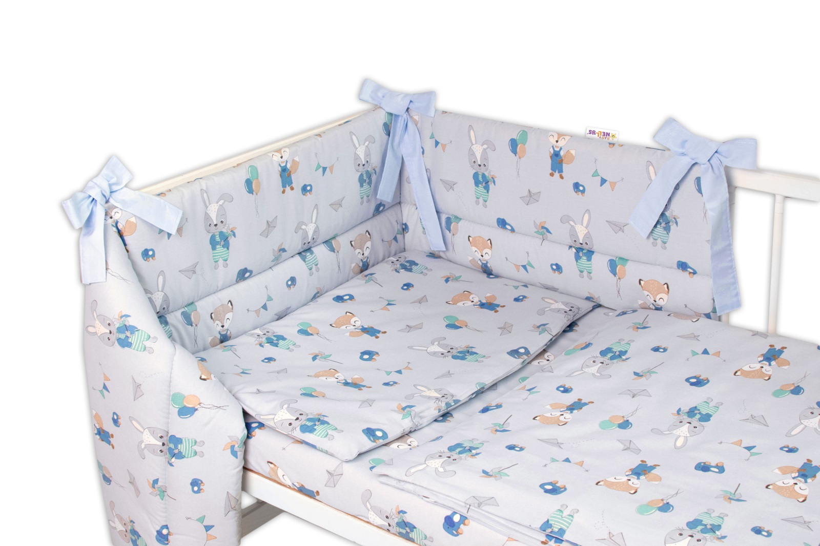 BABY NELLYS 3-dielna sada mantinel s obliečkami, Líška a zajac, modré, 135x100 cm