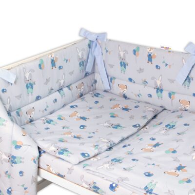 BABY NELLYS 3-dielna sada mantinel s obliečkami, Líška a zajac, modré