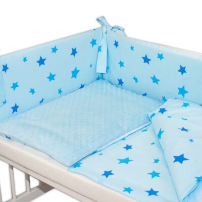 Baby Nellys 3- dielná sada mantinel s obliečkami Minky hviezdičky modré - sv. modrá