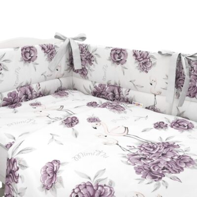 BABY NELLYS 3-dielna sada mantinel s obliečkami, Plameniak, slivková/biela, 135x100