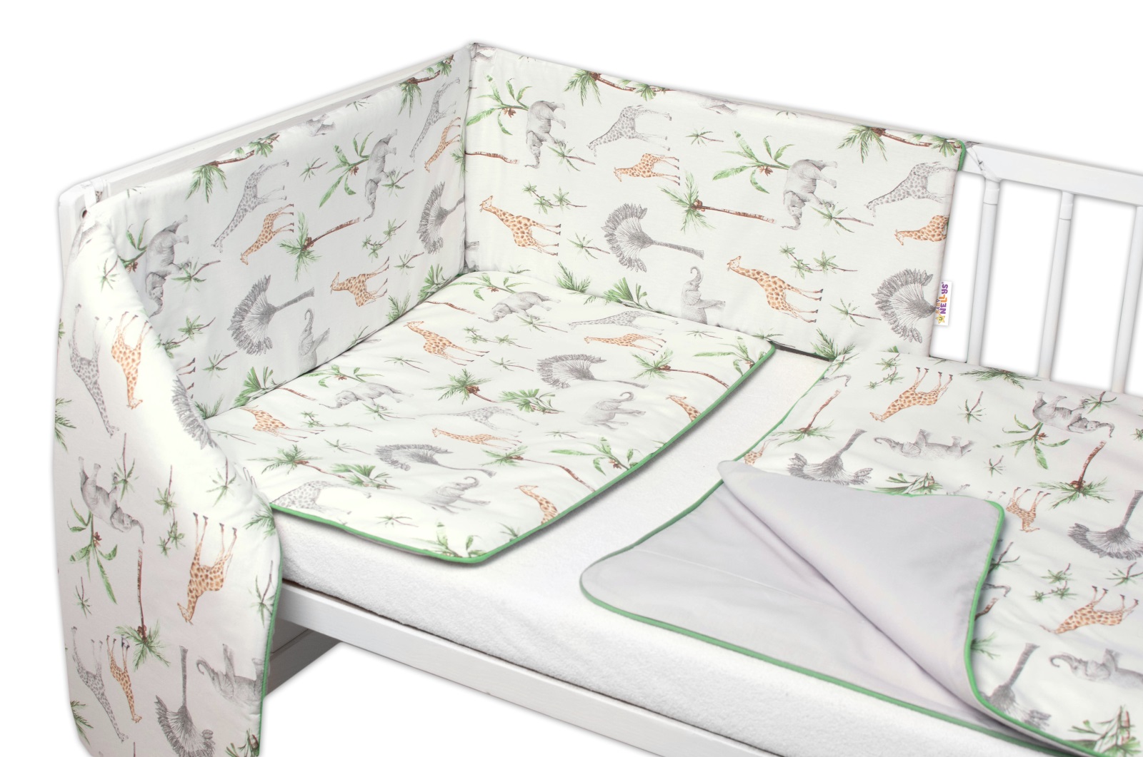 Baby Nellys 3-dielna sada mantinel s obliečkami Safari - biela s potlačou/zelená