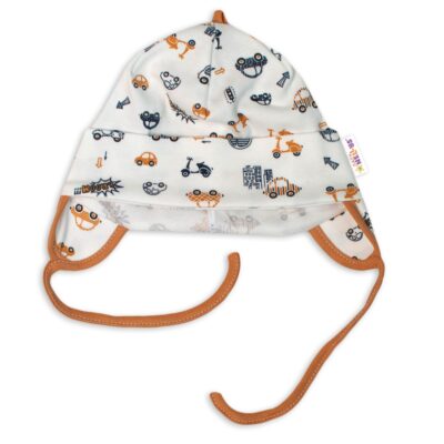 Baby Nellys Bavlnená čiapočka s uškami na zavazování- Car, smotanová / hnedá veľ. 62/68