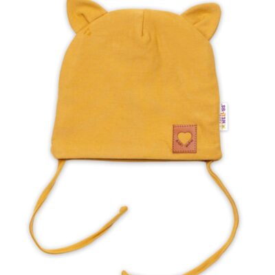 Baby Nellys Bavlnená dvojvrstvová čiapka s uškami na zaväzov. FOX- horčicová, veľ. 80/86