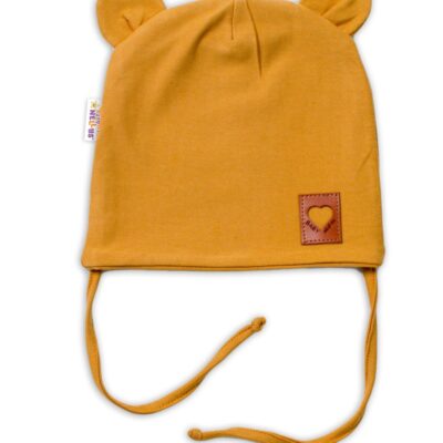 Baby Nellys Bavlnená dvojvrstvová čiapka s uškami na zaväzovanie, TEDDY - horčicová, 80/86