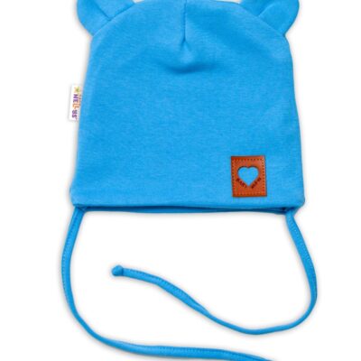 Baby Nellys Bavlnená dvojvrstvová čiapka s uškami na zaväzovanie, TEDDY - modrá, 80/86