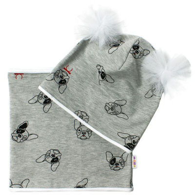 Baby Nellys Bavlnená sada čiapočka s tutu a nákrčník Psíci - šedá, ekri